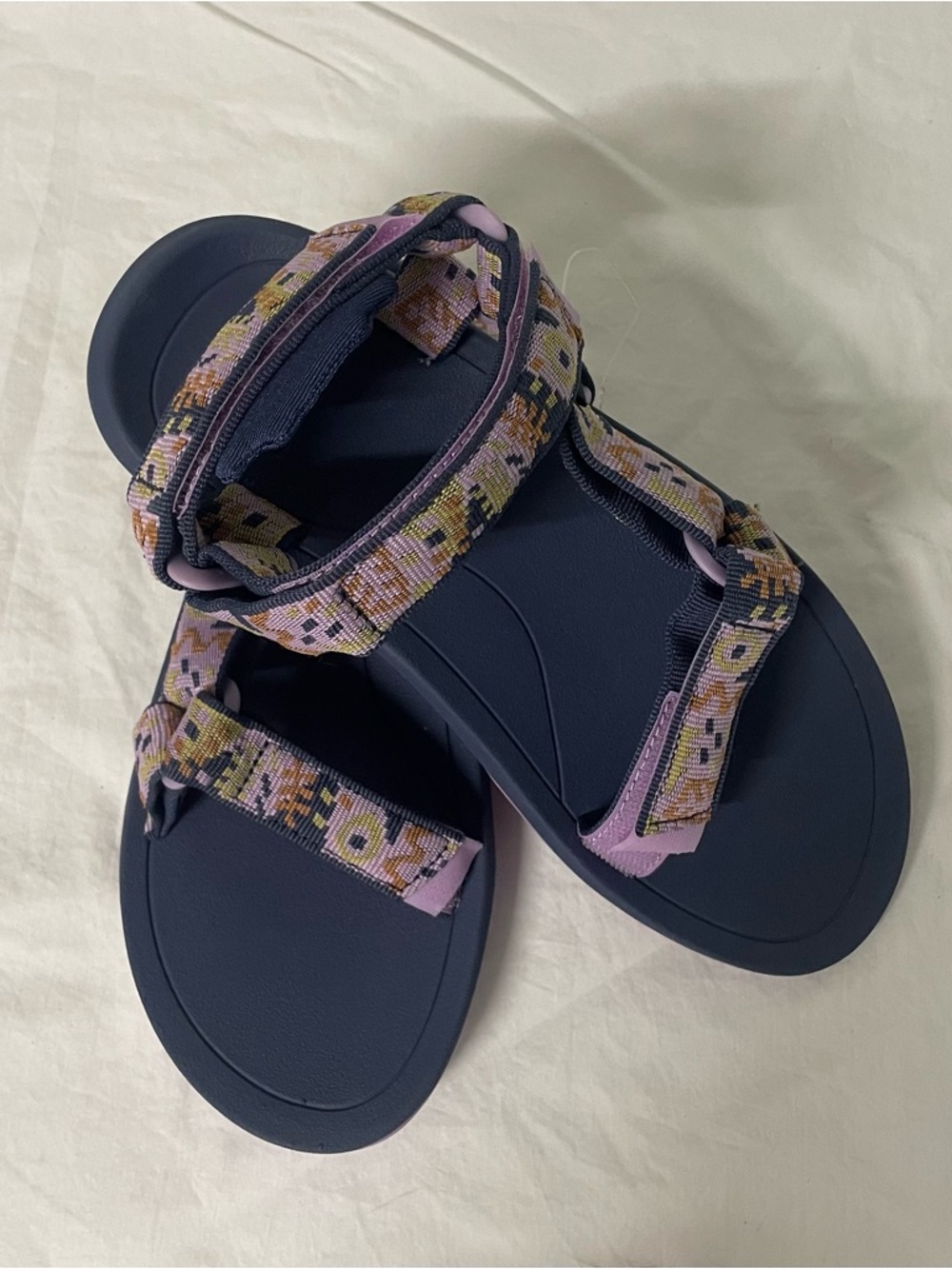 Teva Navy Sandals with Lavender and Multicolor Patterned Straps